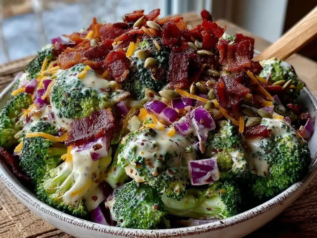 creamy loaded broccoli salad with bacon and cheddar - featured image