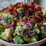 creamy loaded broccoli salad with bacon and cheddar - featured image