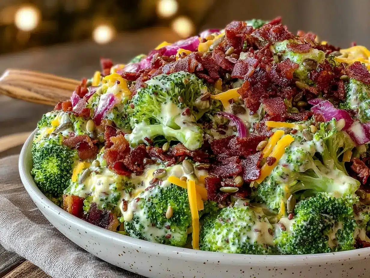 creamy loaded broccoli salad with bacon and cheddar preparation steps