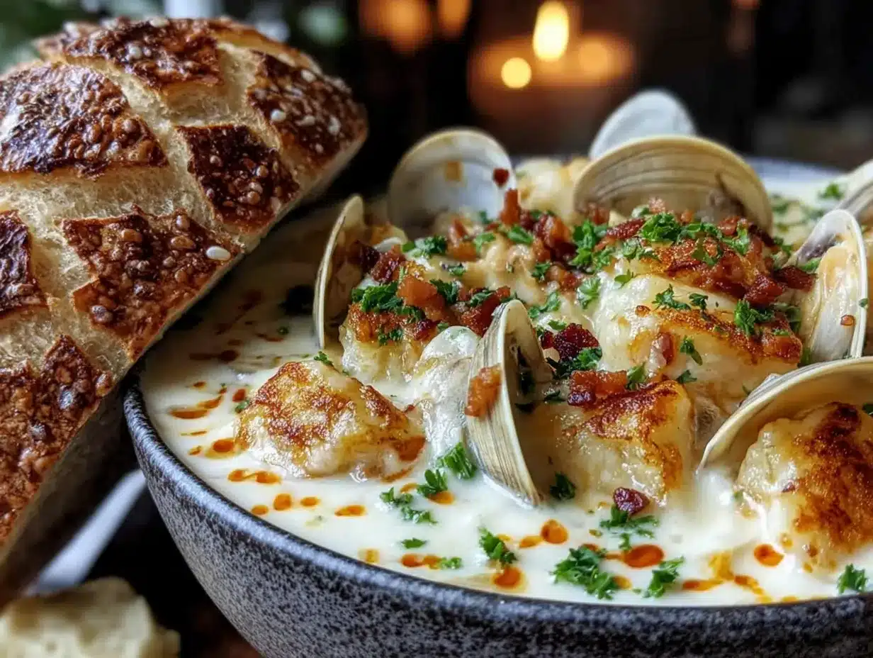 creamy New England clam chowder from scratch preparation steps
