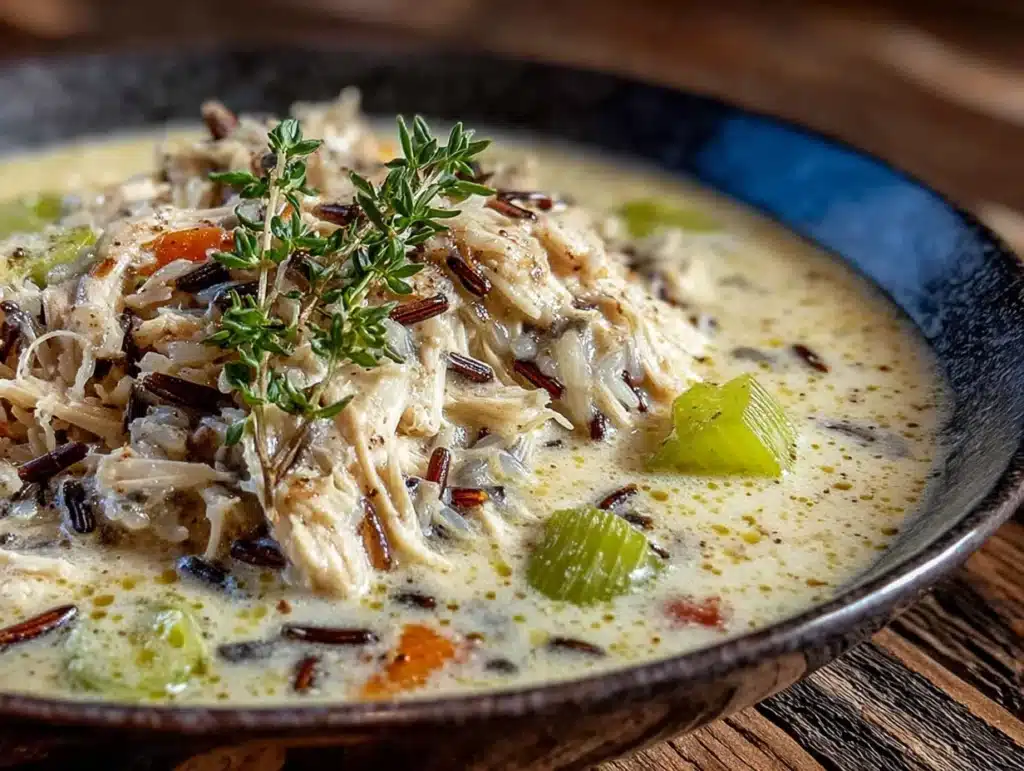 creamy slow cooker chicken and wild rice soup - featured image