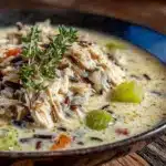 creamy slow cooker chicken and wild rice soup - featured image
