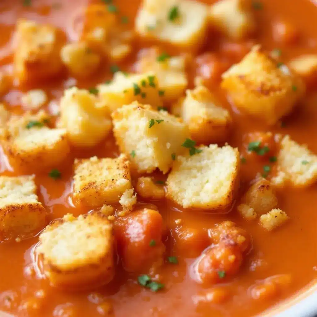 creamy tomato soup with grilled cheese croutons preparation steps