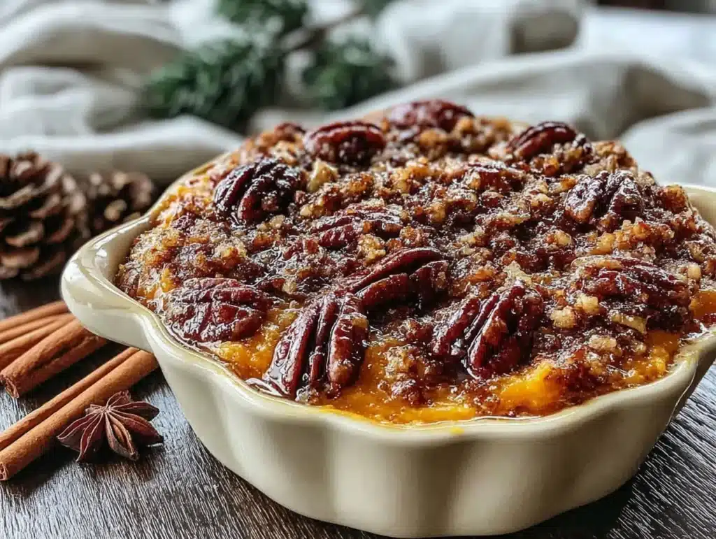 maple bourbon sweet potato casserole with pecan crumble - featured image