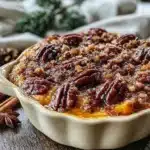 maple bourbon sweet potato casserole with pecan crumble - featured image