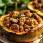cozy sausage and sage stuffed acorn squash - featured image